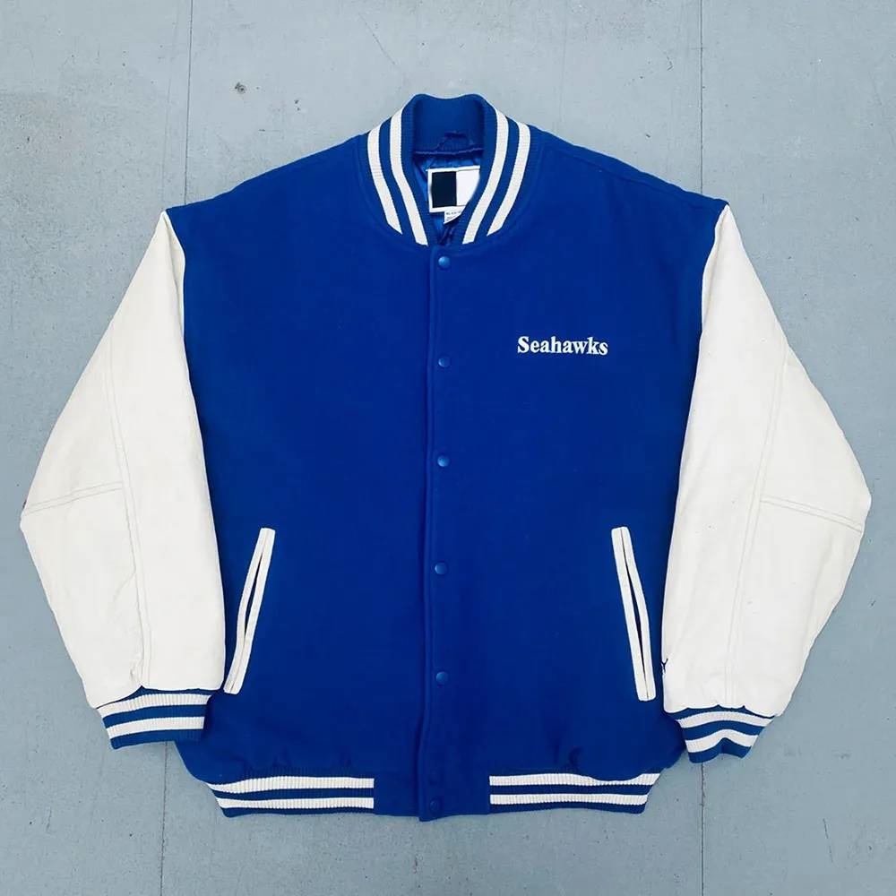 Seattle Seahawks 1990’s Royal Blue and White Varsity Wool/Leather Jacket