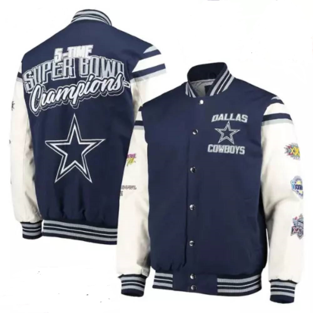 Dallas Cowboys Super Bowl 5x Champions Navy Blue & White Wool/Leather Jacket