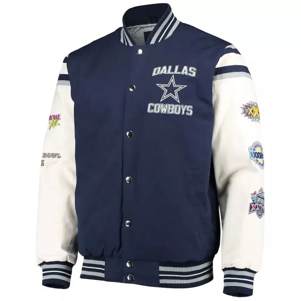 Dallas Cowboys Super Bowl 5x Champions Navy Blue & White Wool/Leather Jacket