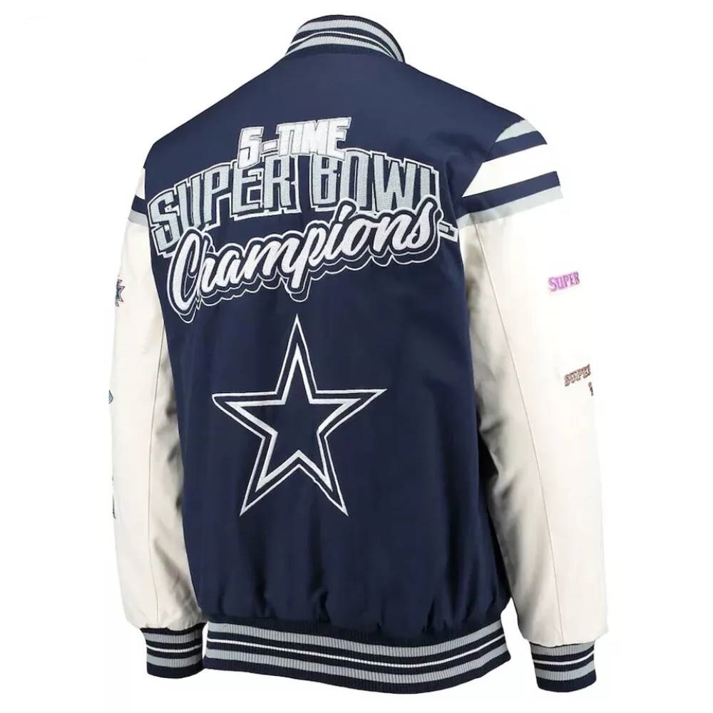 Dallas Cowboys Super Bowl 5x Champions Navy Blue & White Wool/Leather Jacket - Image 3