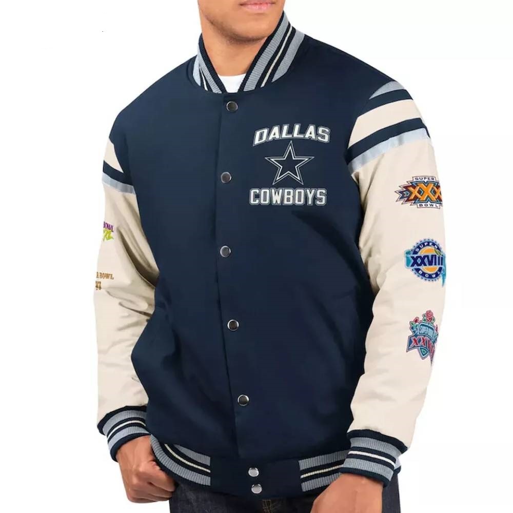 Dallas Cowboys Super Bowl 5x Champions Navy Blue & White Wool/Leather Jacket - Image 4