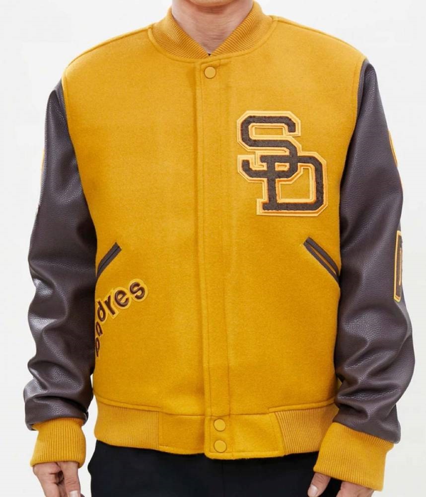 San Diego Padres Logo Full-Zip Varsity Wool/Leather Yellow Jacket