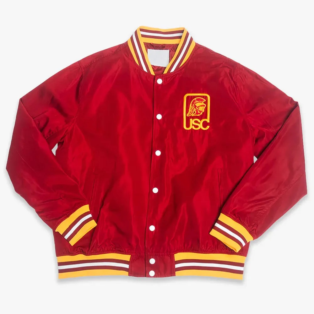 Red Script USC Trojans Logo Full-Snap Satin Bomber Jacket