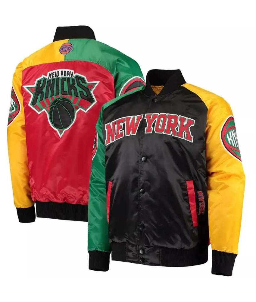 New York Knicks Mopkins Full-Snap Black/Red Satin Bomber Jacket