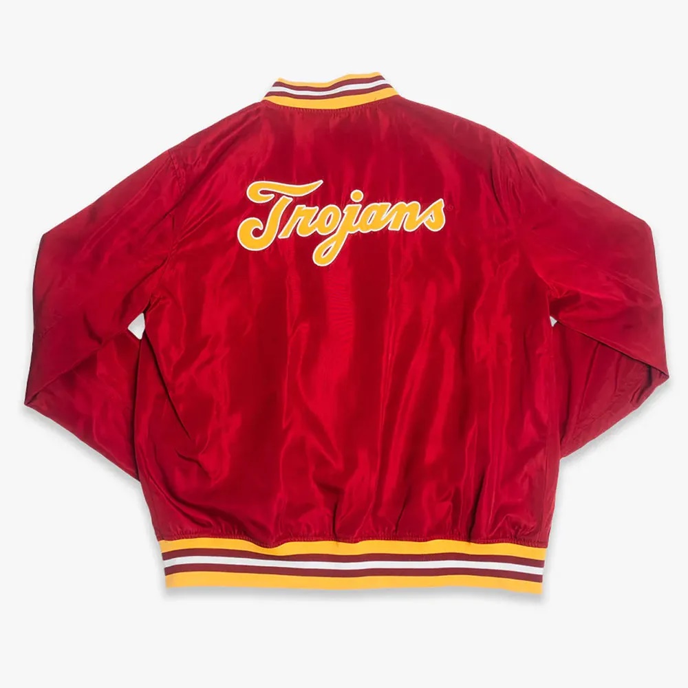 Red Script USC Trojans Logo Full-Snap Satin Bomber Jacket