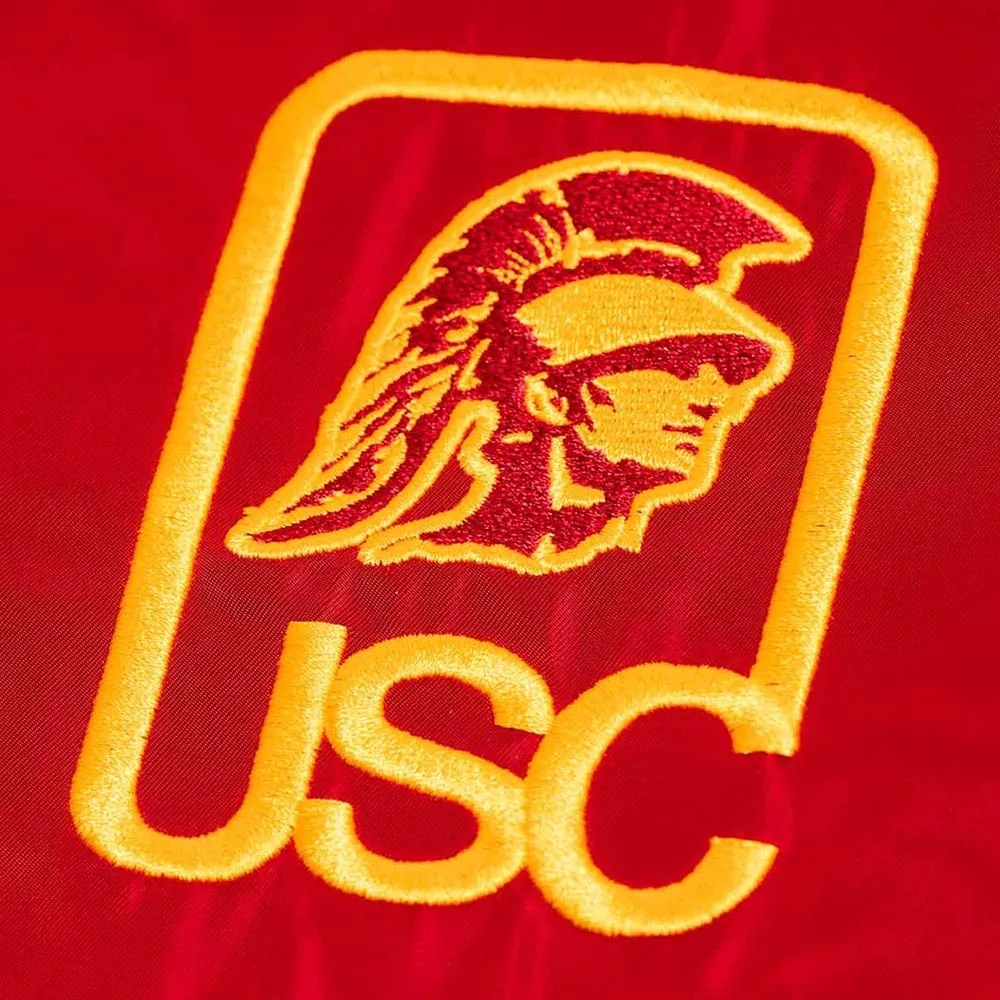 Red Script USC Trojans Logo Full-Snap Satin Bomber Jacket - Image 3