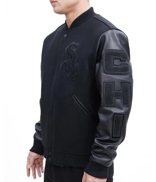 Black Chicago White Sox Letterman Varsity Jacket Bomber Wool/Leather Jacket - Image 3