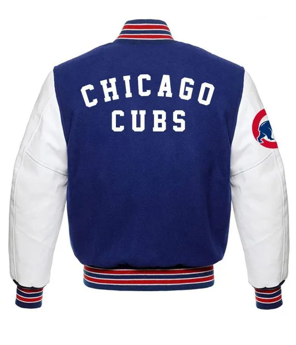 Chicago Cubs Blue and White Letterman Jacket Bomber Wool/Leather Jacket
