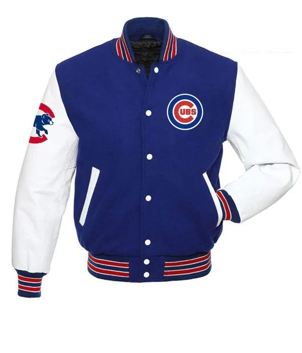 Chicago Cubs Blue and White Letterman Jacket Bomber Wool/Leather Jacket
