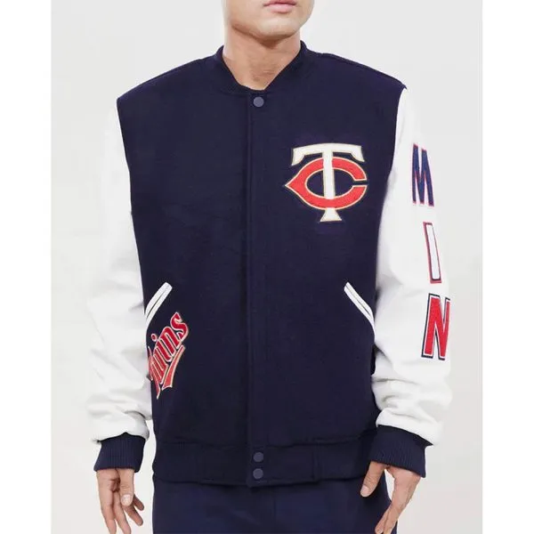 Navy and White Minnesota Twins Letterman Jacket Bomber Wool/Leather Jacket
