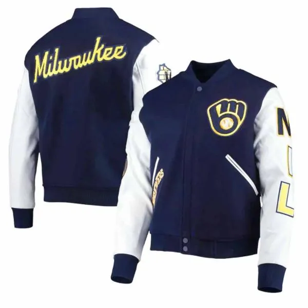Milwaukee Brewers Letterman Navy Blue and White Varsity Jacket Bomber Wool/Leather Jacket