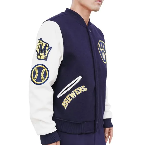 Milwaukee Brewers Letterman Navy Blue and White Varsity Jacket Bomber Wool/Leather Jacket