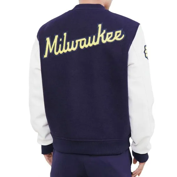 Milwaukee Brewers Letterman Navy Blue and White Varsity Jacket Bomber Wool/Leather Jacket - Image 3