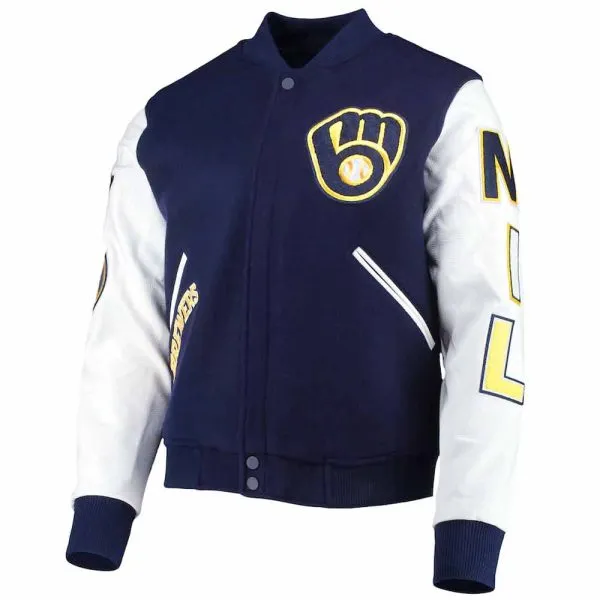 Milwaukee Brewers Letterman Navy Blue and White Varsity Jacket Bomber Wool/Leather Jacket - Image 4