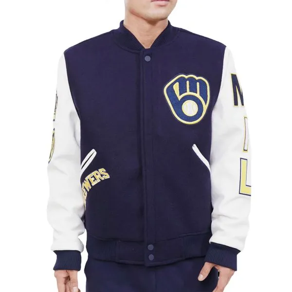 Milwaukee Brewers Letterman Navy Blue and White Varsity Jacket Bomber Wool/Leather Jacket - Image 5