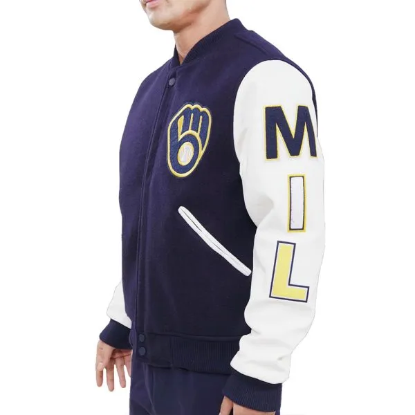 Milwaukee Brewers Letterman Navy Blue and White Varsity Jacket Bomber Wool/Leather Jacket - Image 6