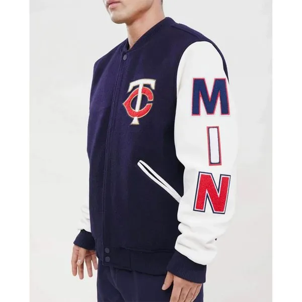 Navy and White Minnesota Twins Letterman Jacket Bomber Wool/Leather Jacket - Image 5
