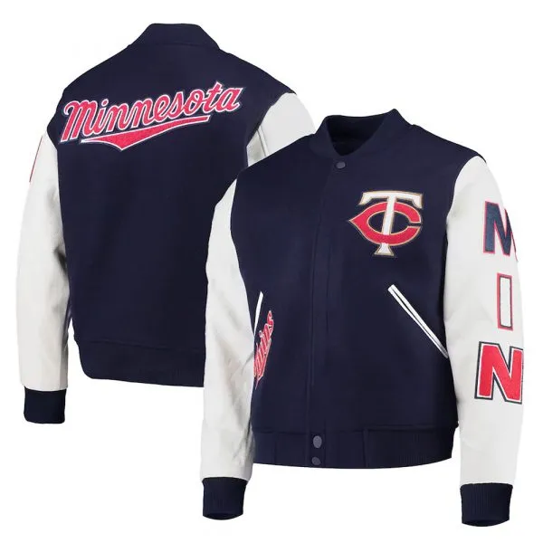 Navy and White Minnesota Twins Letterman Jacket Bomber Wool/Leather Jacket