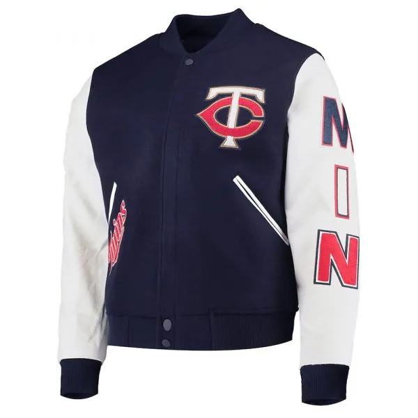 Navy and White Minnesota Twins Letterman Jacket Bomber Wool/Leather Jacket - Image 7