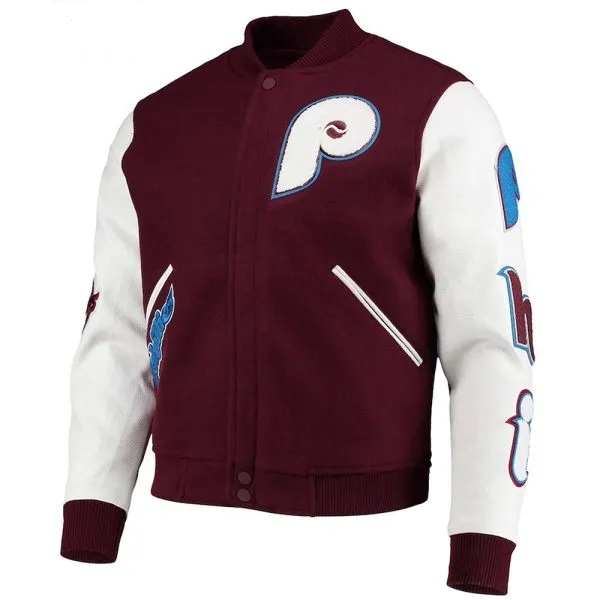 Philadelphia Phillies Burgundy and White Letterman Varsity Jacket Bomber Wool/Leather Jacket