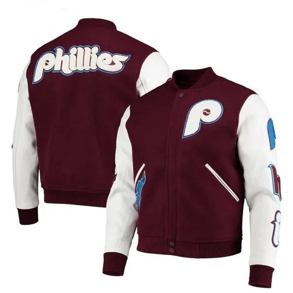 Philadelphia Phillies Burgundy and White Letterman Varsity Jacket Bomber Wool/Leather Jacket