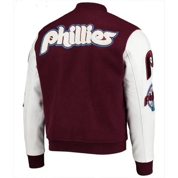 Philadelphia Phillies Burgundy and White Letterman Varsity Jacket Bomber Wool/Leather Jacket - Image 3