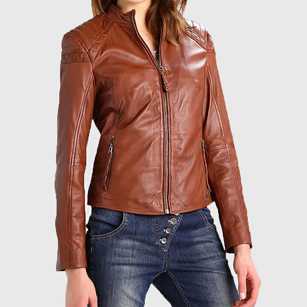 Women’s Cognac Leather Biker Jacket