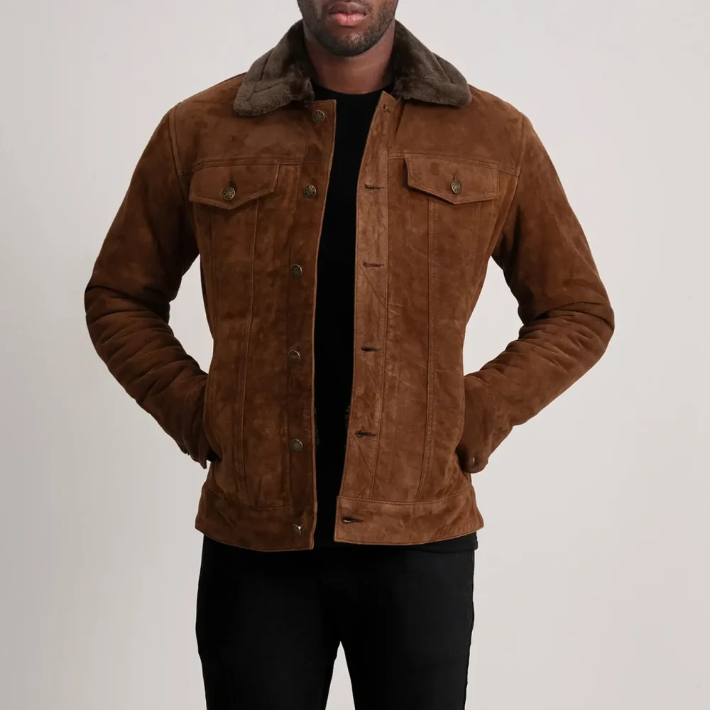 Dallis Brown Suede Shearling Trucker Jacket