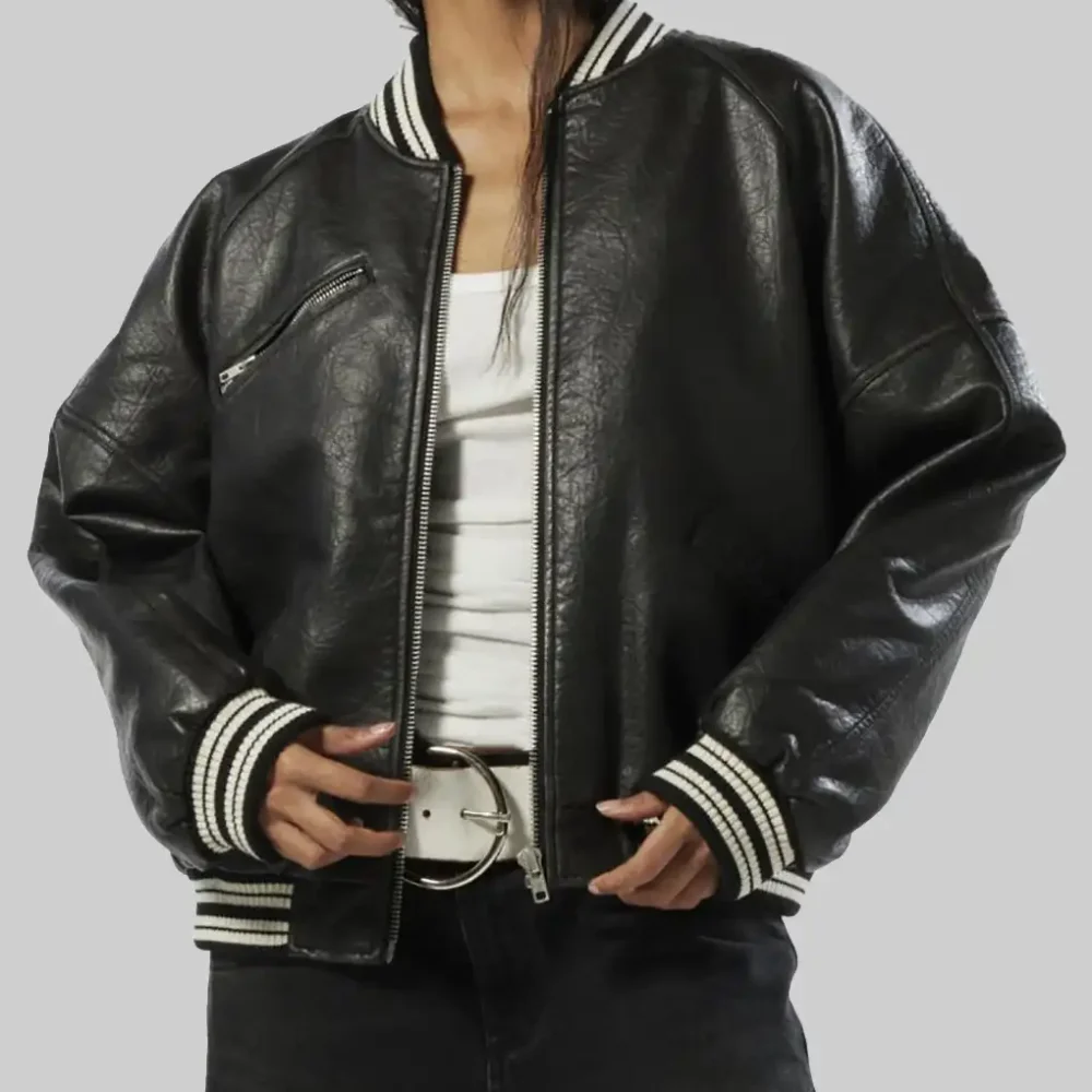 Women’s Black Leather Varsity Jacket
