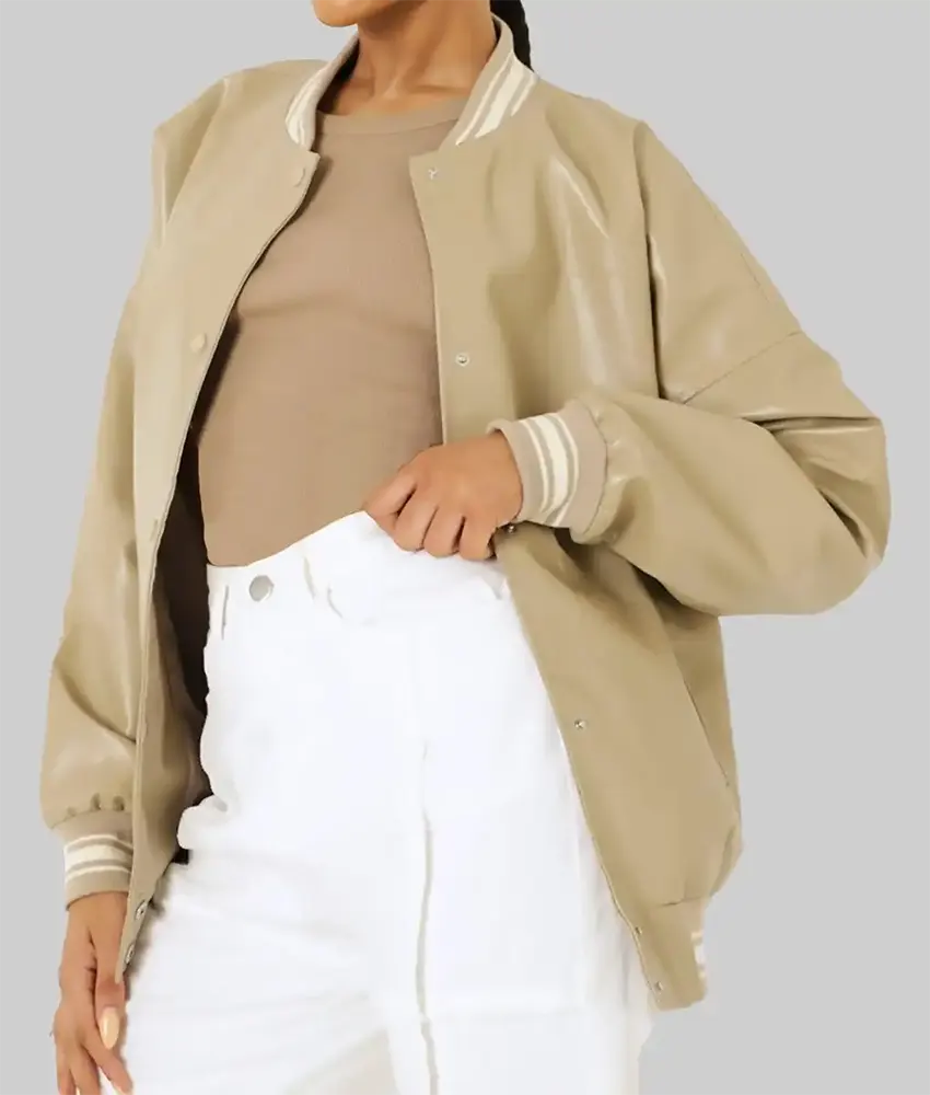 Women’s Beige Leather Varsity Jacket