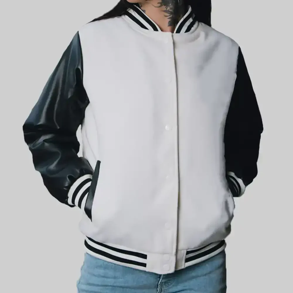 Women’s White and Black Leather Varsity Jacket
