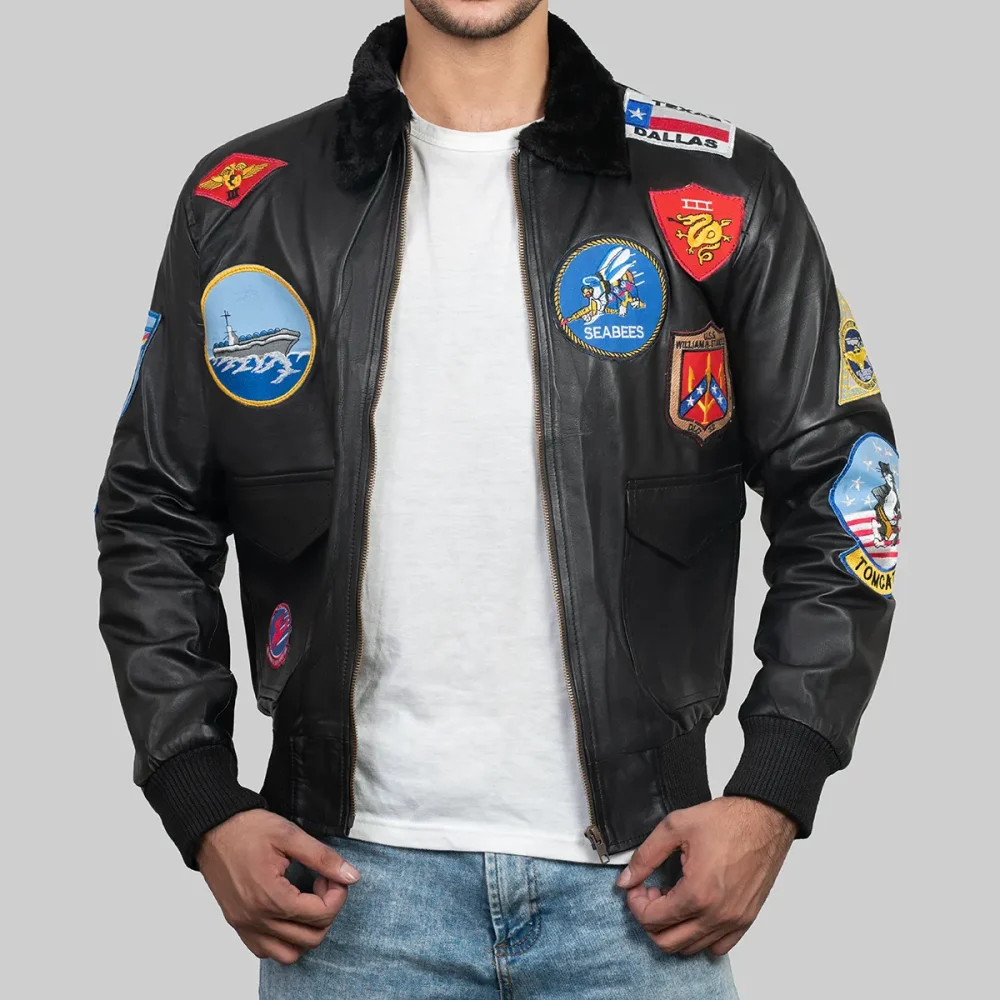 Top Gun Black Leather Maverick Bomber Jacket