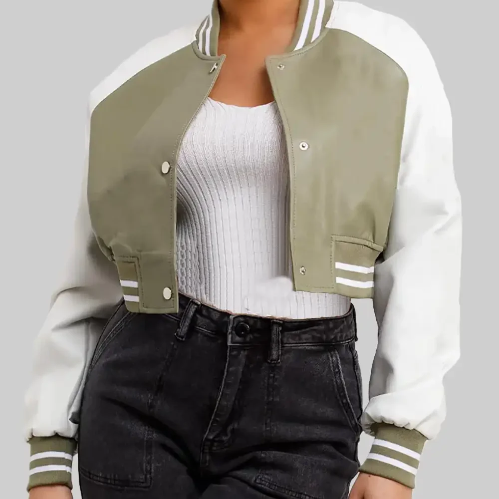 Women’s Olive Green and White Leather Varsity Jacket