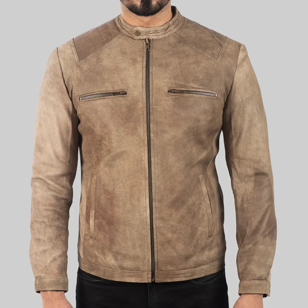 Men’s Distressed Beige Leather Biker Jacket