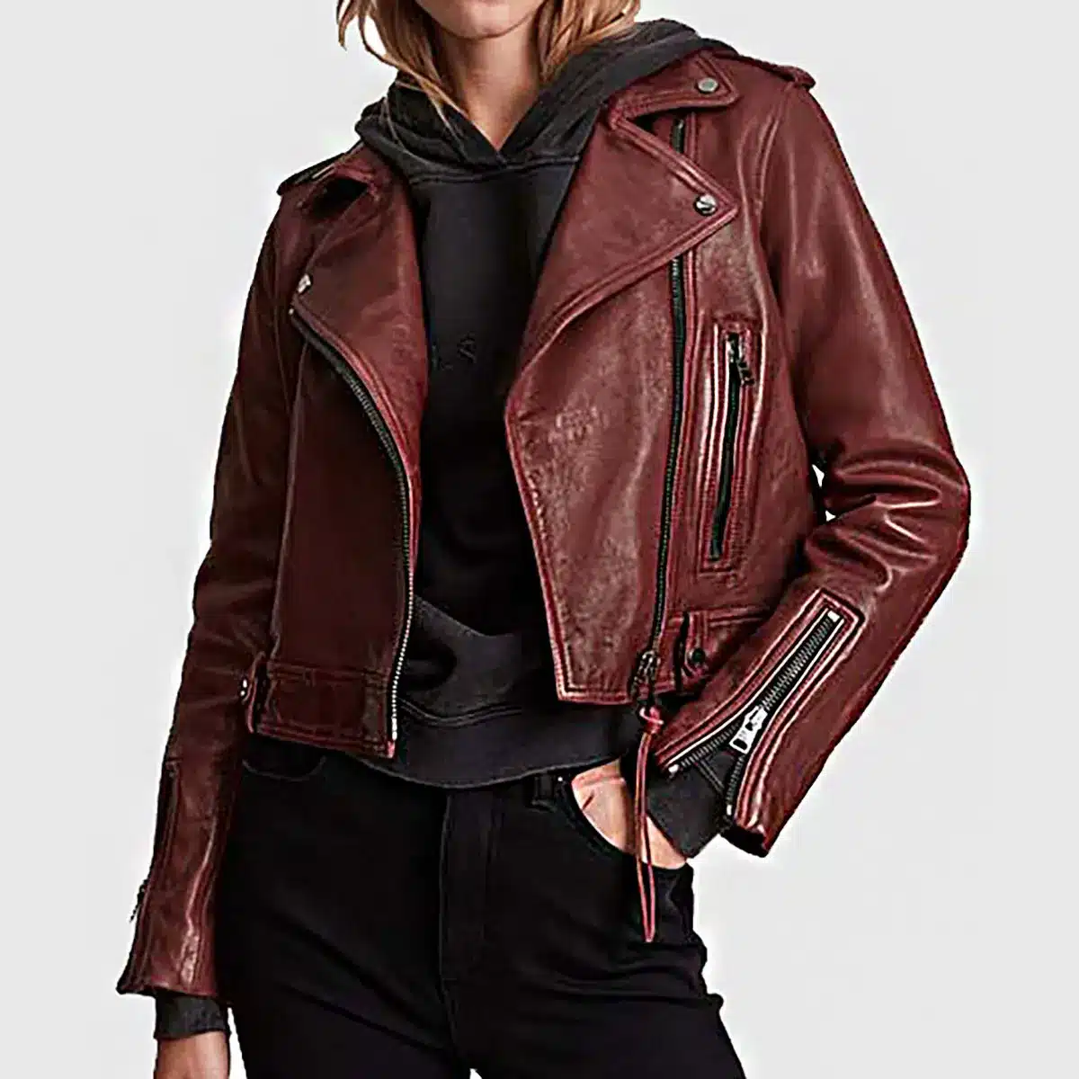 Women’s Maroon Leather Biker Jacket