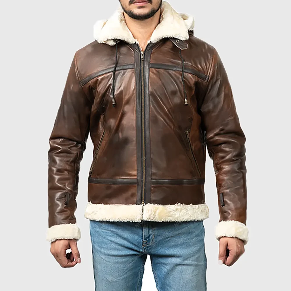 Men’s Brown Hooded B-3 Bomber Leather Jacket