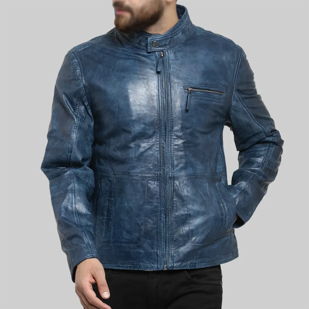 Men’s Blue Distressed Leather Biker Jacket