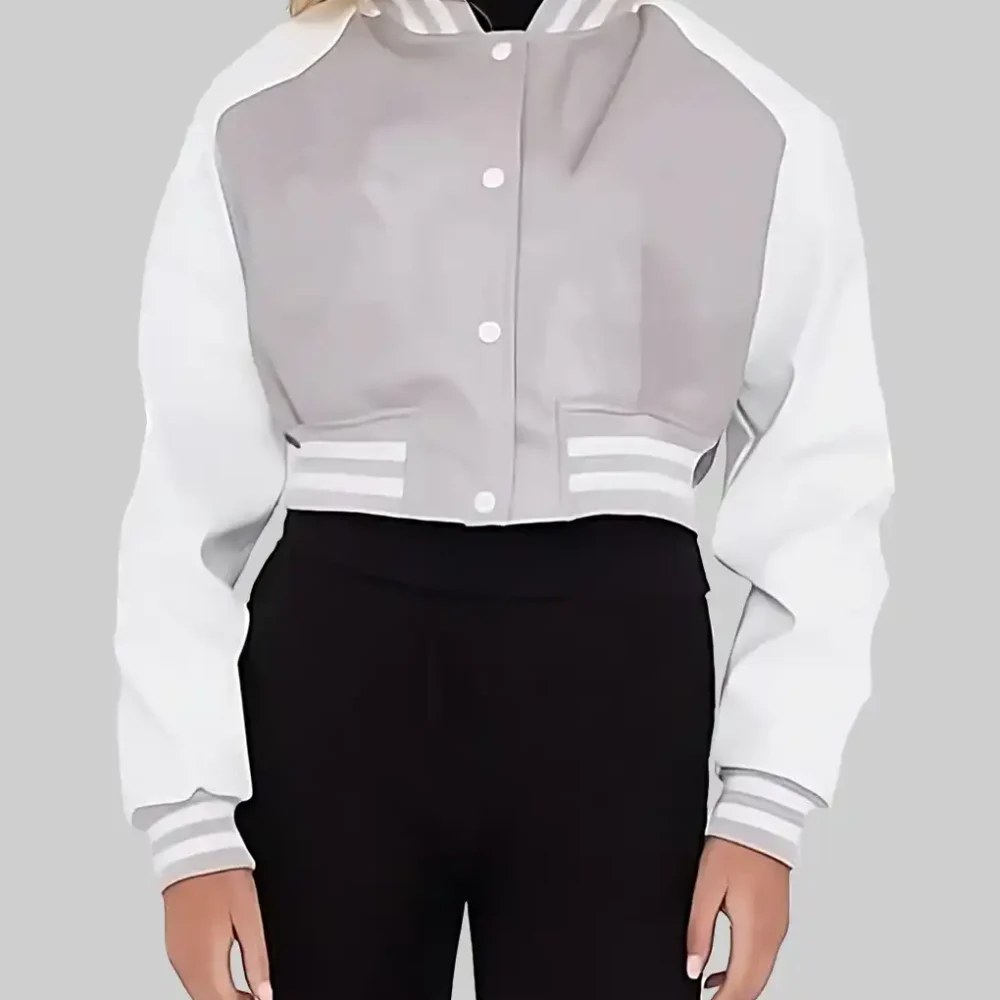 Women’s Grey and White Leather Varsity Jacket