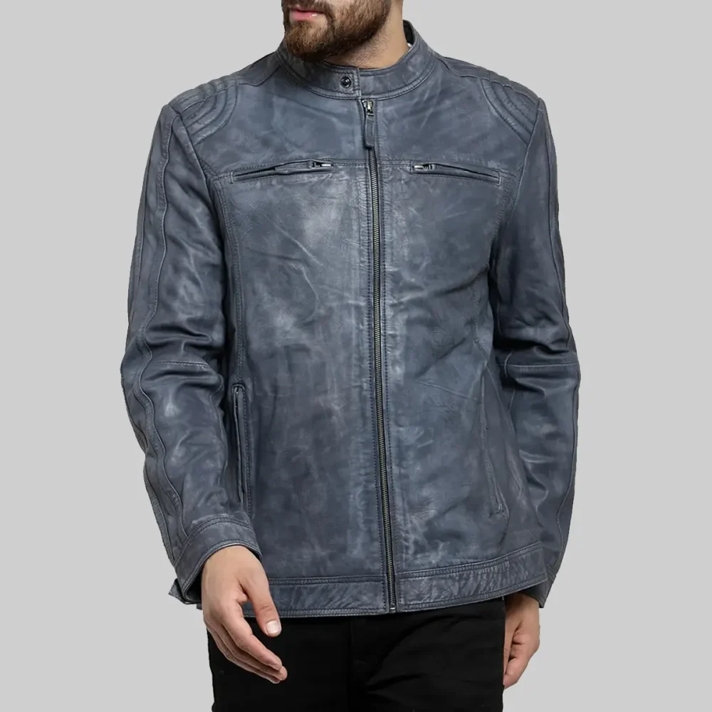 Men’s Blue Distressed Leather Biker Jacket