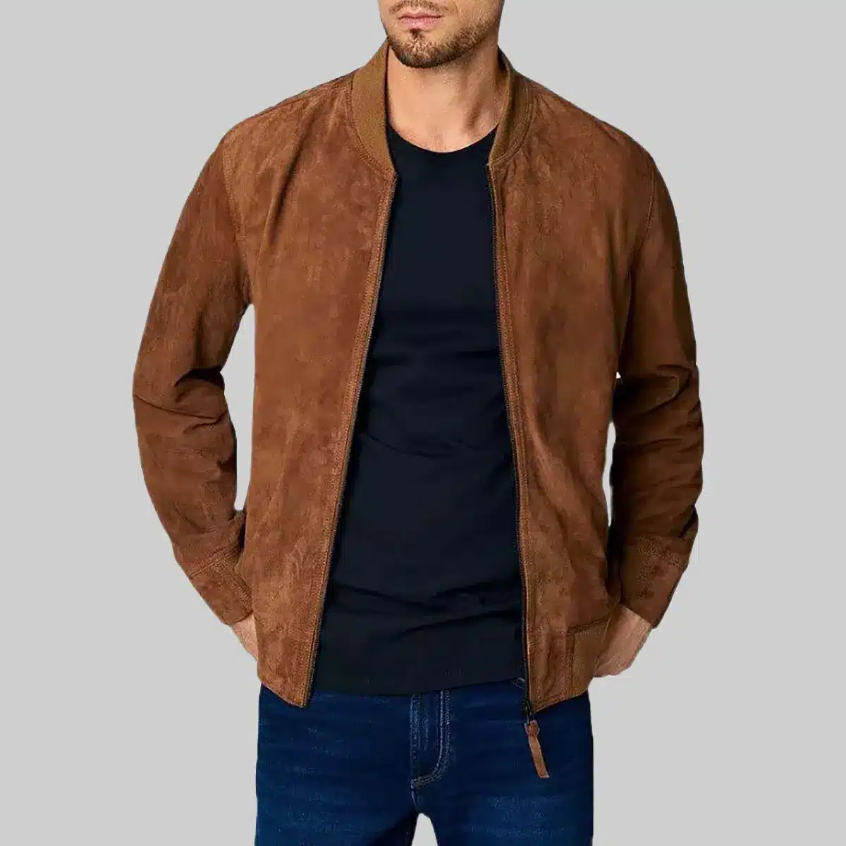 Mens Brown Bomber Suede Jacket