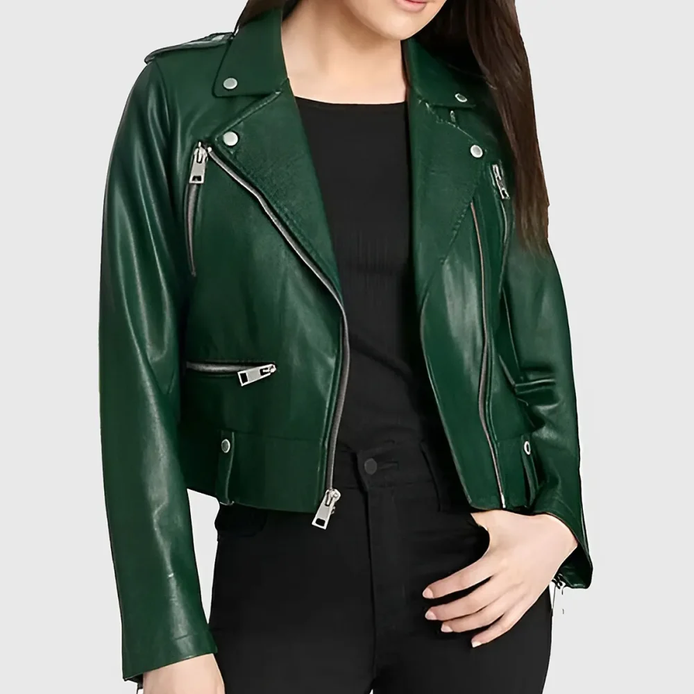 Women’s Green Biker Leather Jacket