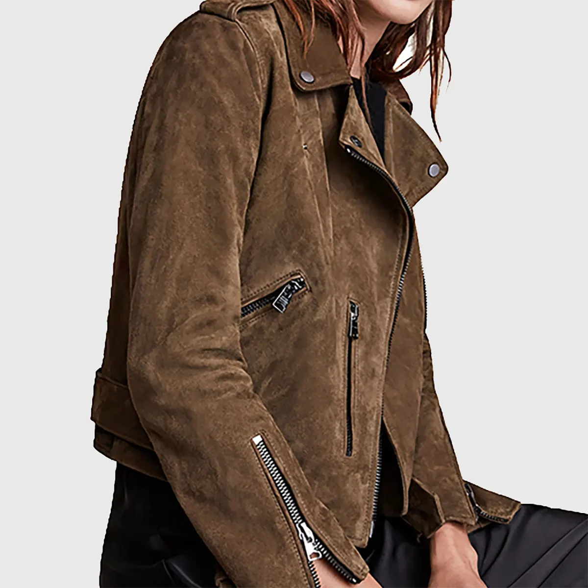 Women’s Dark Brown Suede Leather Biker Jacket - Image 2