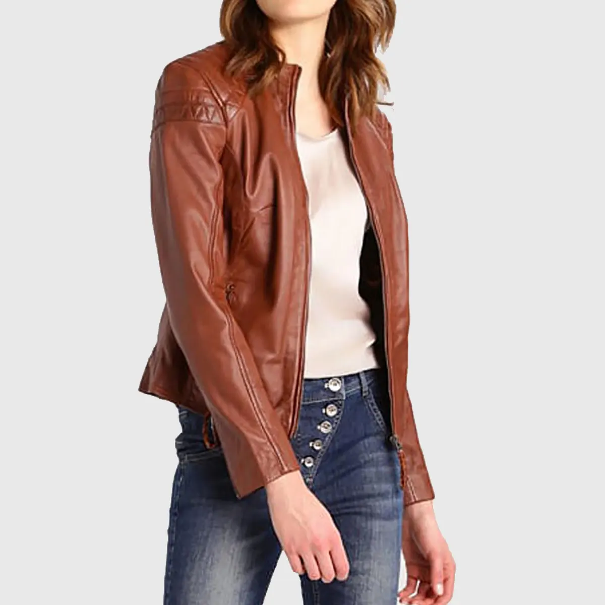 Women’s Cognac Leather Biker Jacket - Image 2