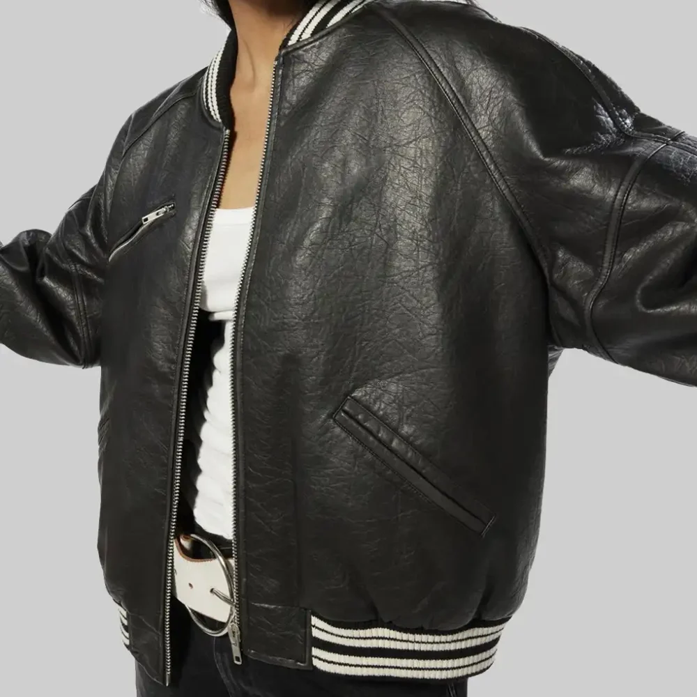 Women’s Black Leather Varsity Jacket