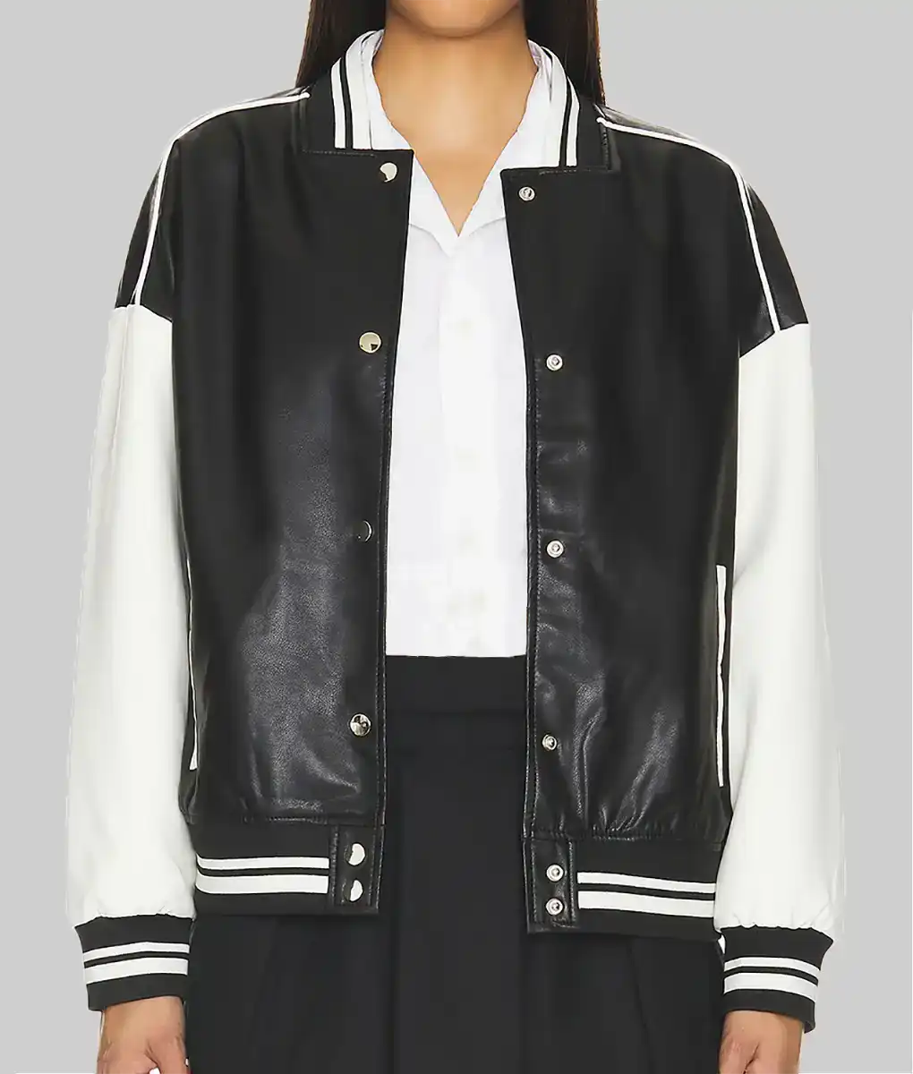 Women’s Black and White Leather Varsity Jacket - Image 2