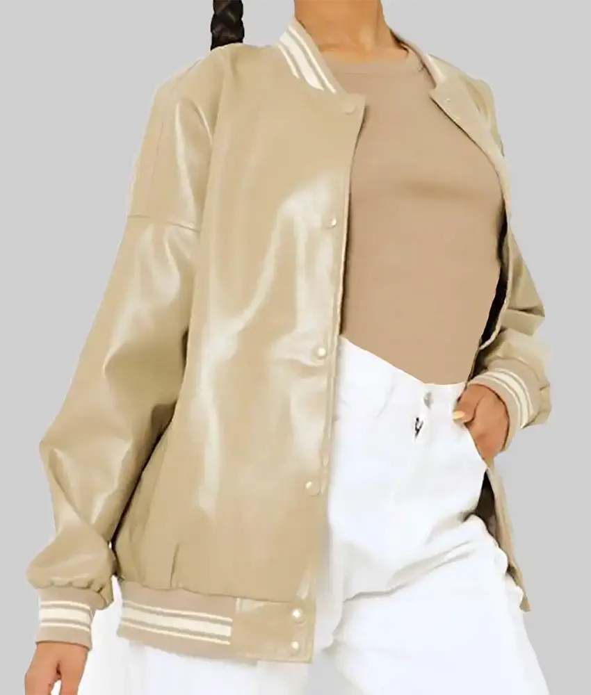 Women’s Beige Leather Varsity Jacket