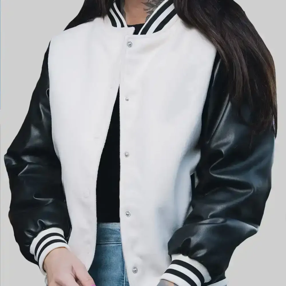 Women’s White and Black Leather Varsity Jacket