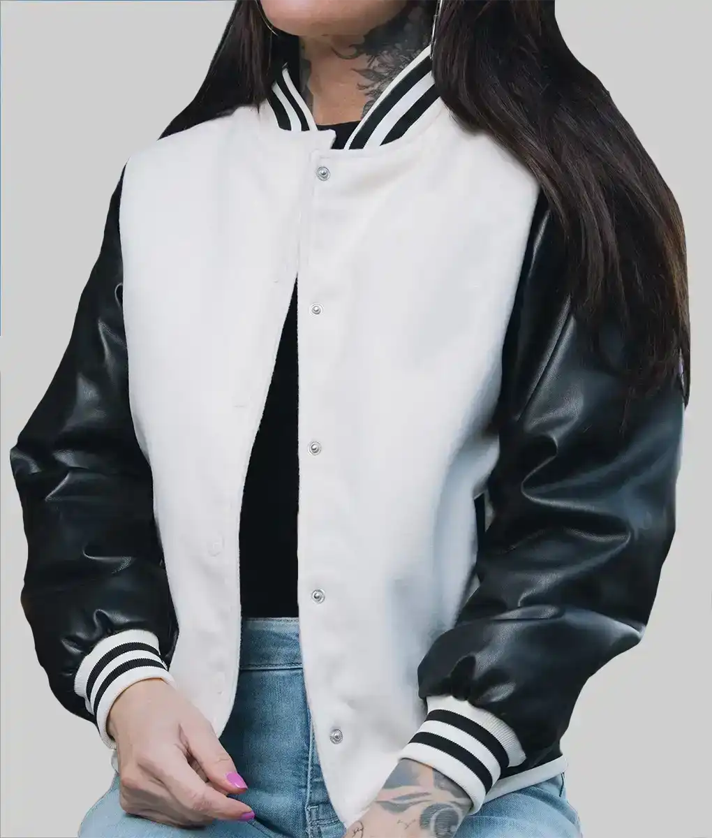 Women’s White and Black Leather Varsity Jacket - Image 2