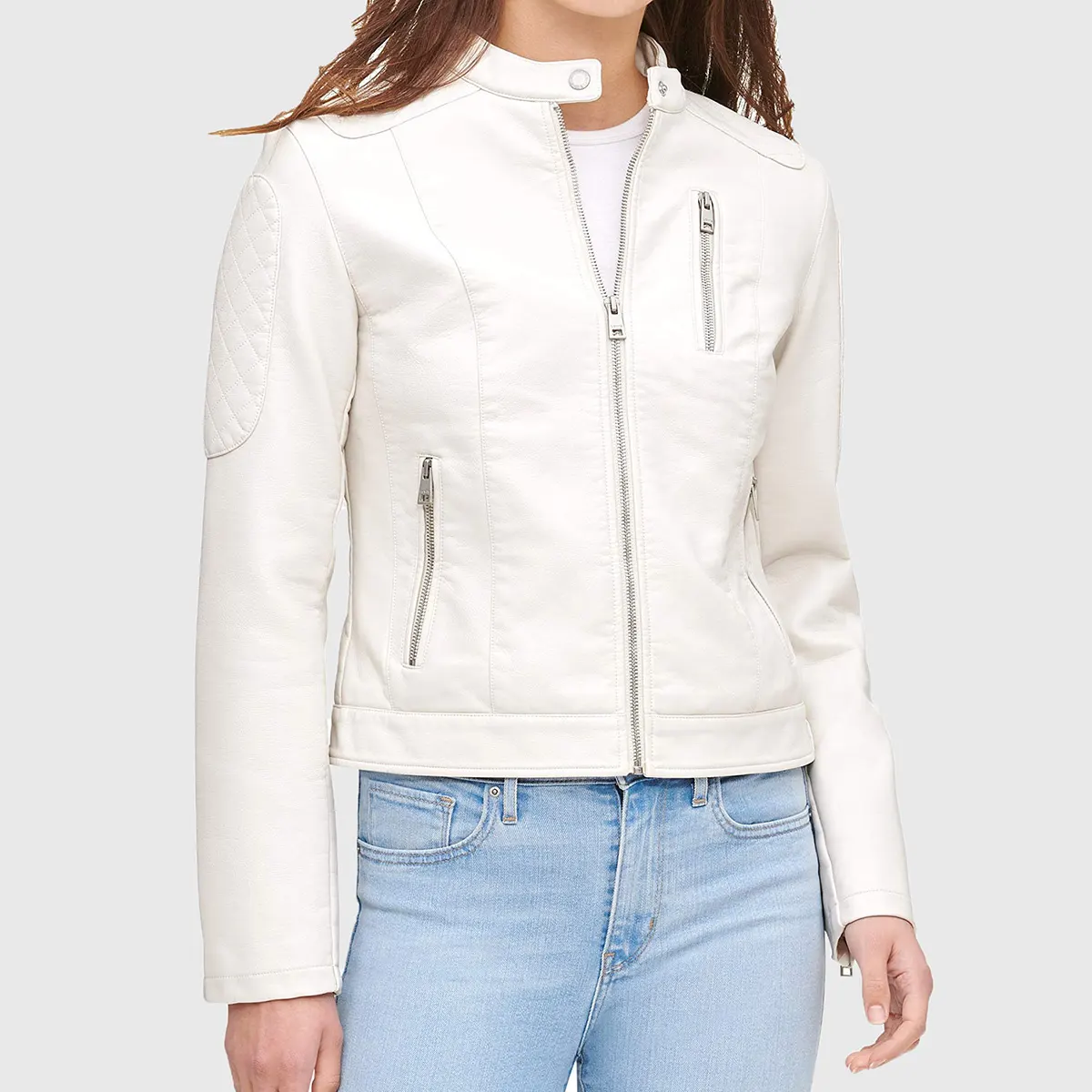 White Quilted Moto Cafe Racer Biker Jacket - Image 2