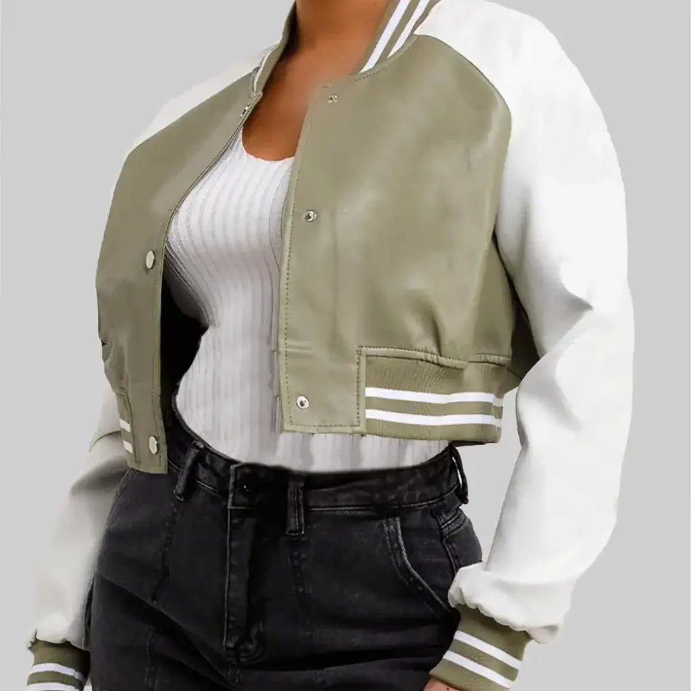 Women’s Olive Green and White Leather Varsity Jacket